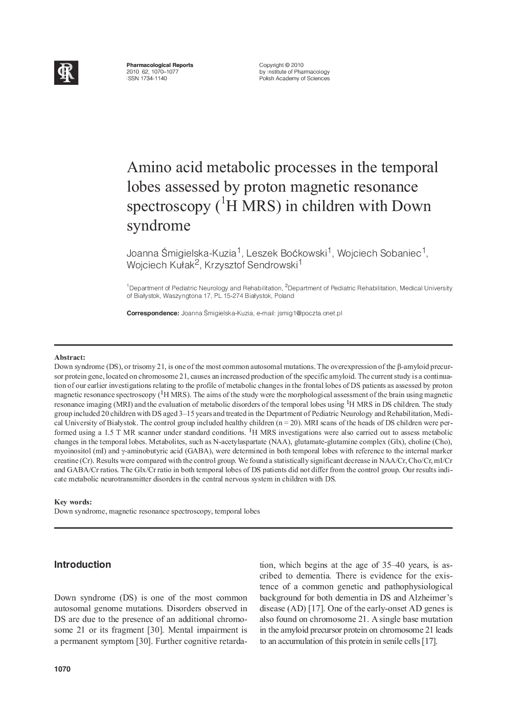 Amino acid metabolic processes in the temporal lobes assessed by proton magnetic resonance spectroscopy (1Η MRS) in children with Down syndrome