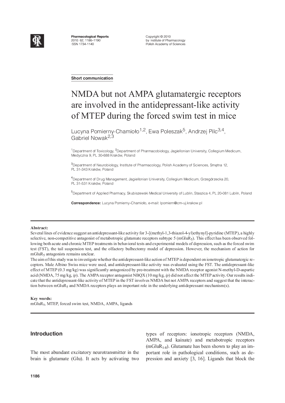 NMDA but not AMPA glutamatergic receptors are involved in the antidepressant-like activity of MTEP during the forced swim test in mice