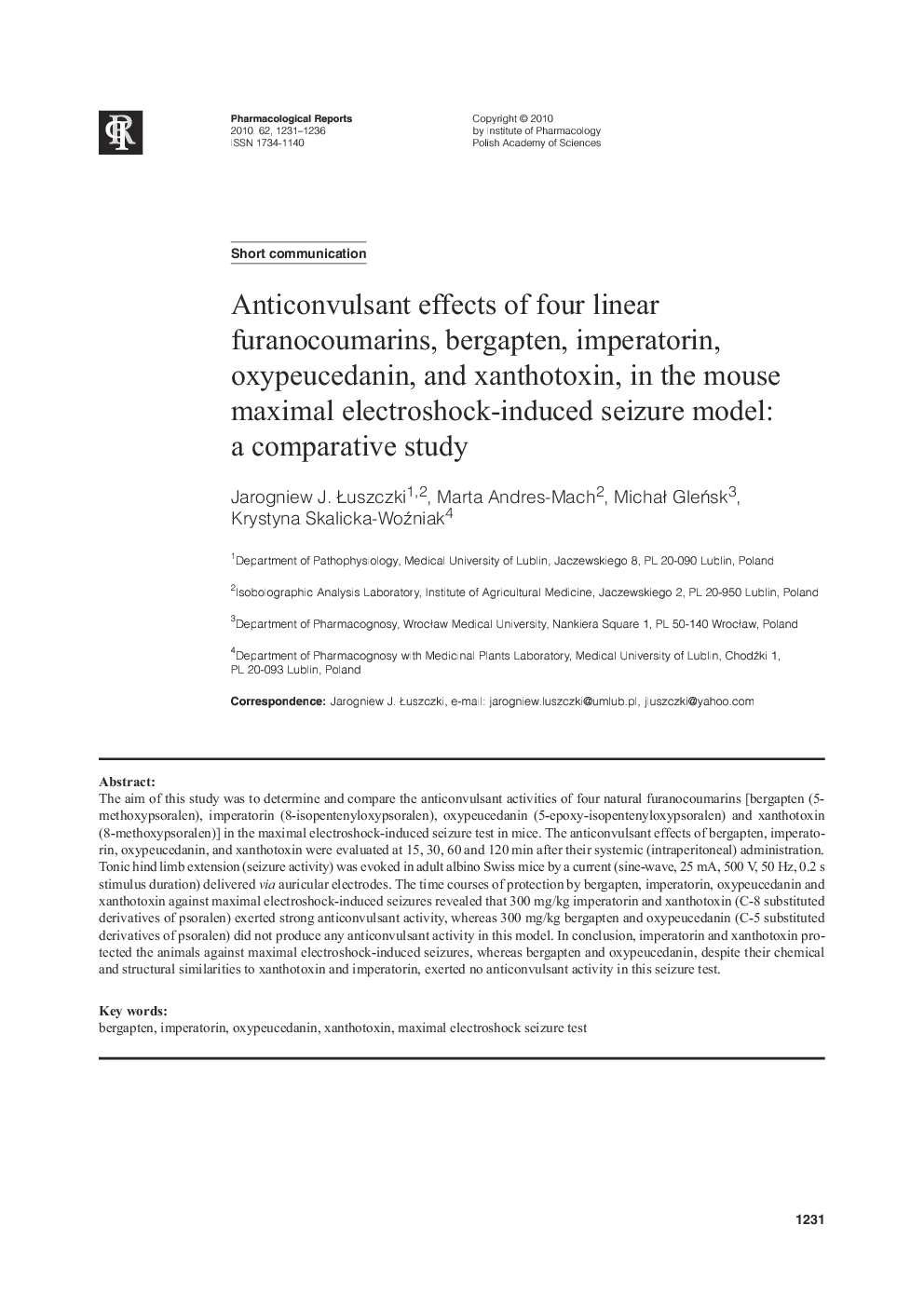 Anticonvulsant effects of four linear furanocoumarins, bergapten, imperatorin, oxypeucedanin, and xanthotoxin, in the mouse maximal electroshock-induced seizure model: a comparative study