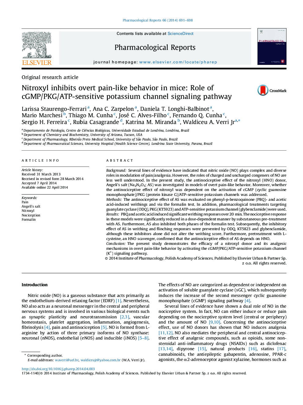 عکس صفحه اول مقاله: Nitroxyl inhibits overt pain-like behavior in mice: Role of cGMP/PKG/ATP-sensitive potassium channel signaling pathway Nitroxyl inhibits overt pain-like behavior in mice: Role of cGMP/PKG/ATP-sensitive potassium channel signaling pathway