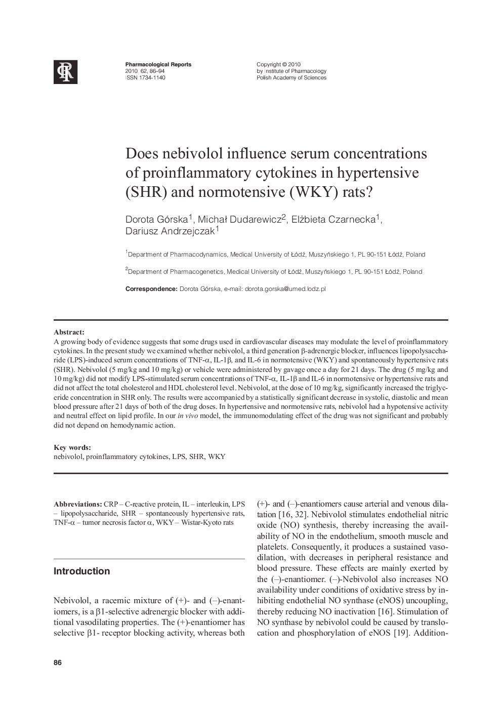 Does nebivolol influence serum concentrations of proinflammatory cytokines in hypertensive (SHR) and normotensive (WKY) rats?