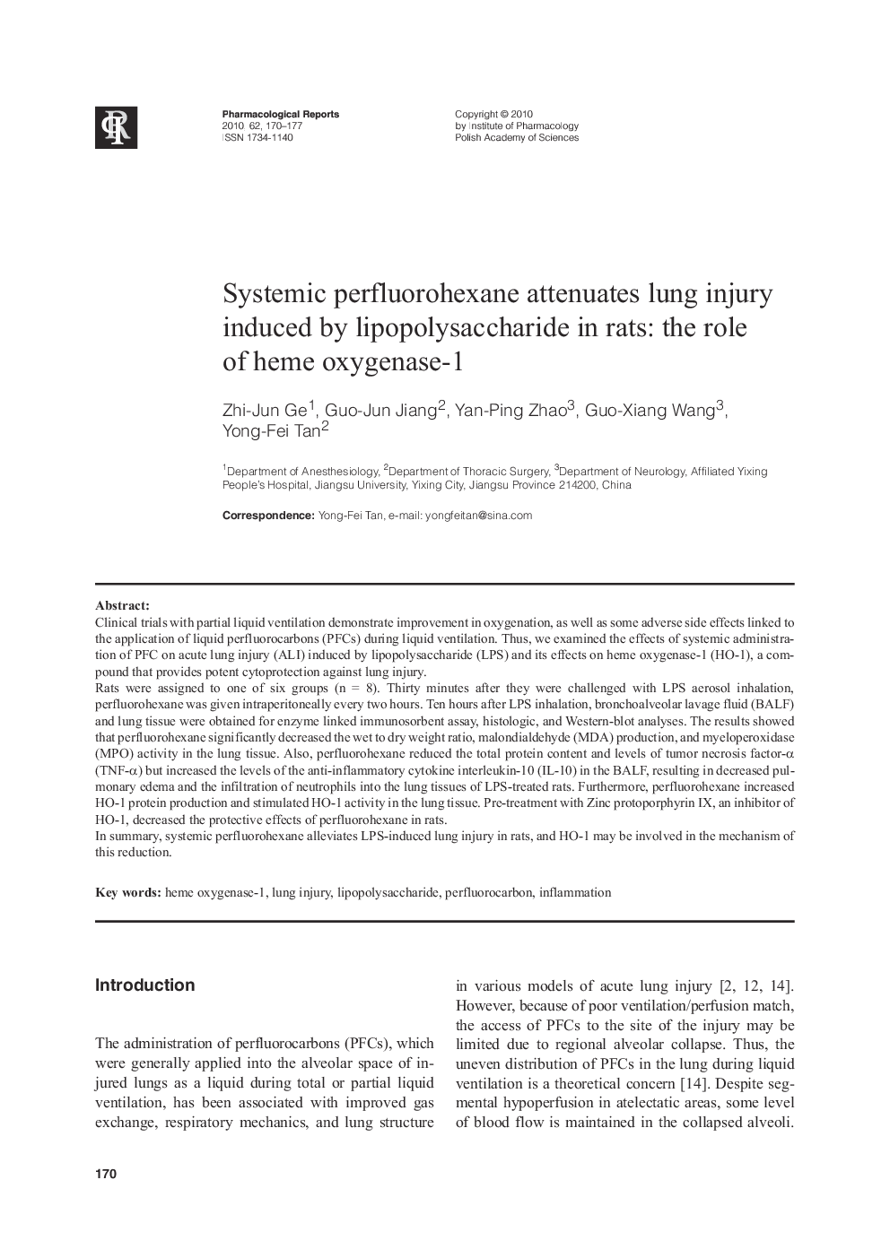 Systemic perfluorohexane attenuates lung injury induced by lipopolysaccharide in rats: the role of heme oxygenase-1