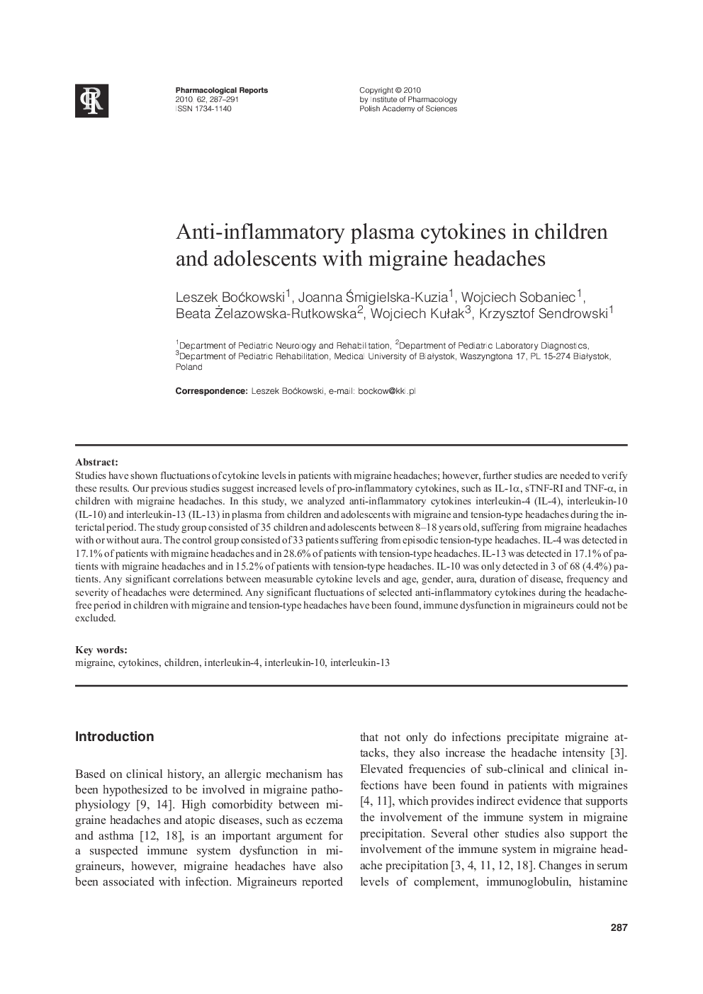 Anti-inflammatory plasma cytokines in children and adolescents with migraine headaches