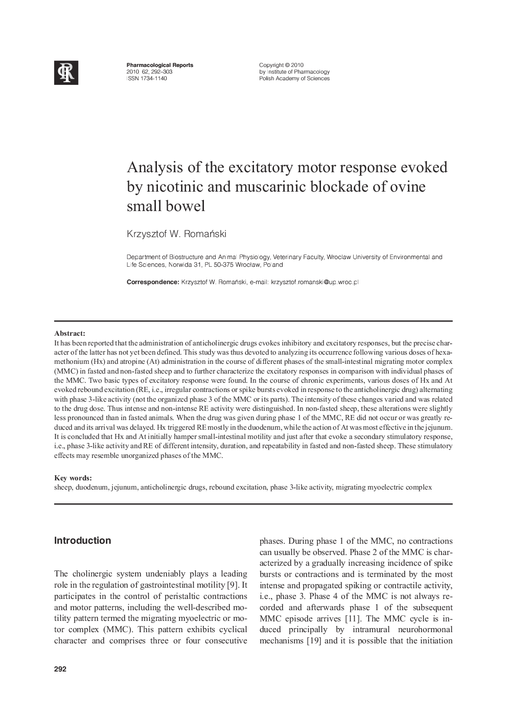 Analysis of the excitatory motor response evoked by nicotinic and muscarinic blockade of ovine small bowel