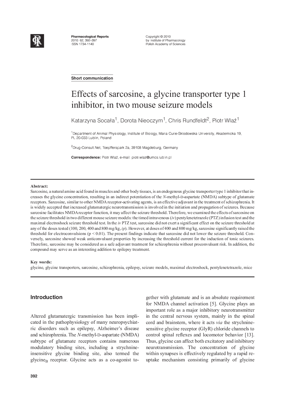 Effects of sarcosine, a glycine transporter type 1 inhibitor, in two mouse seizure models