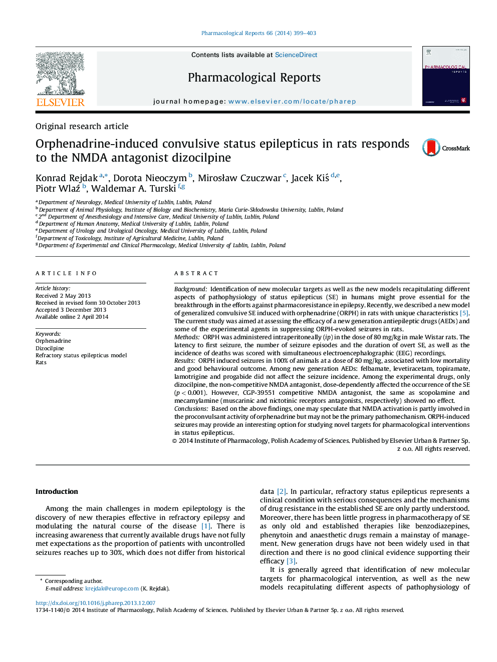 Orphenadrine-induced convulsive status epilepticus in rats responds to the NMDA antagonist dizocilpine