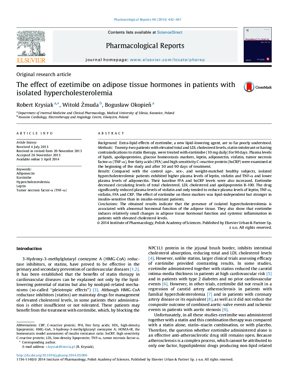 The effect of ezetimibe on adipose tissue hormones in patients with isolated hypercholesterolemia