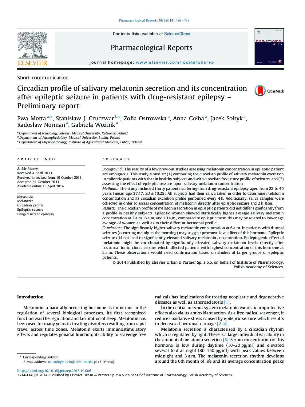 Circadian profile of salivary melatonin secretion and its concentration after epileptic seizure in patients with drug-resistant epilepsy – Preliminary report