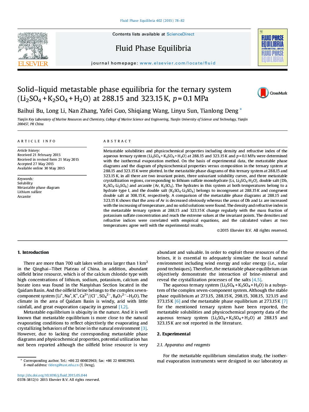 Solid–liquid metastable phase equilibria for the ternary system (Li2SO4 + K2SO4 + H2O) at 288.15 and 323.15 K, p = 0.1 MPa