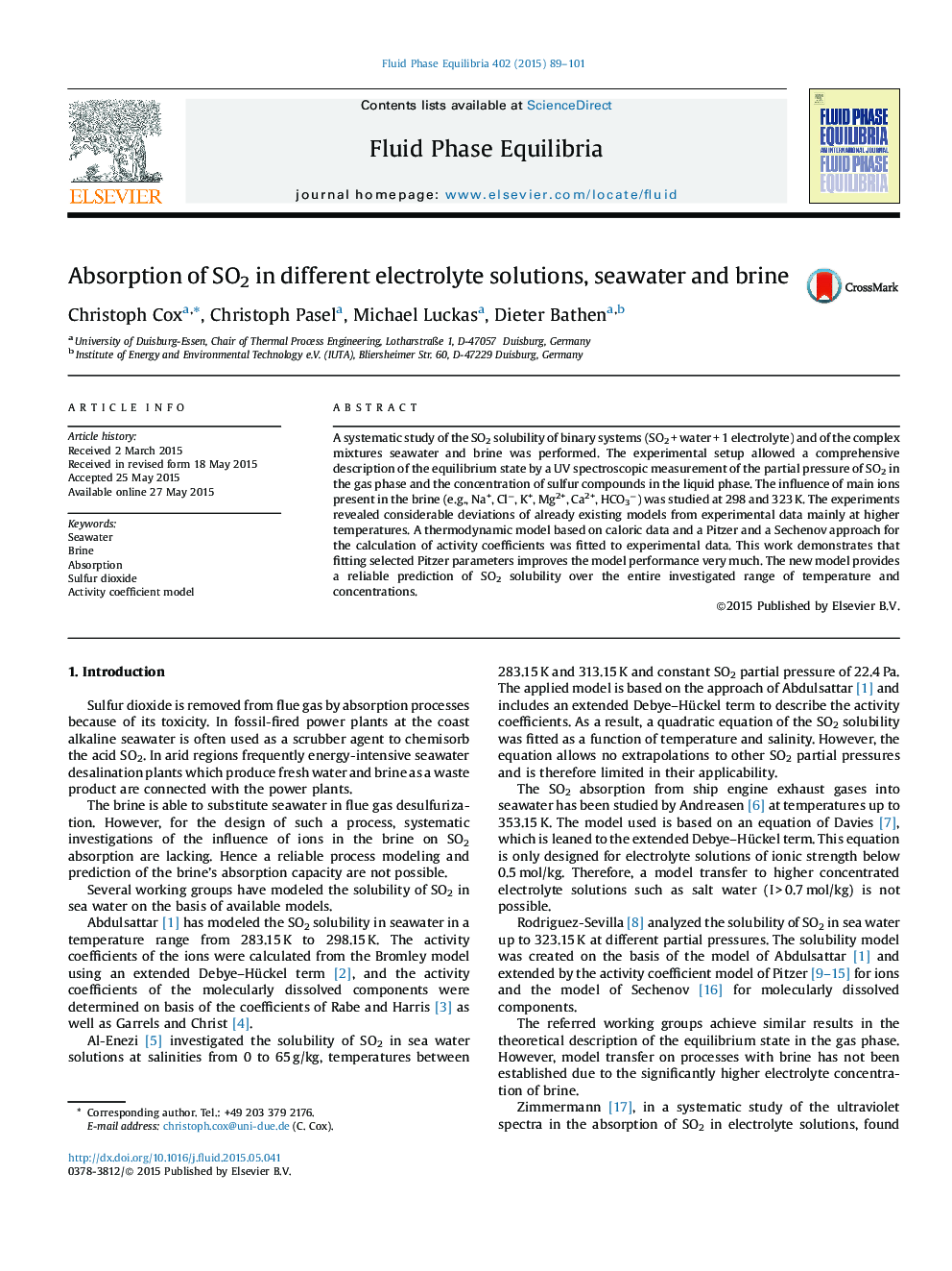 Absorption of SO2 in different electrolyte solutions, seawater and brine