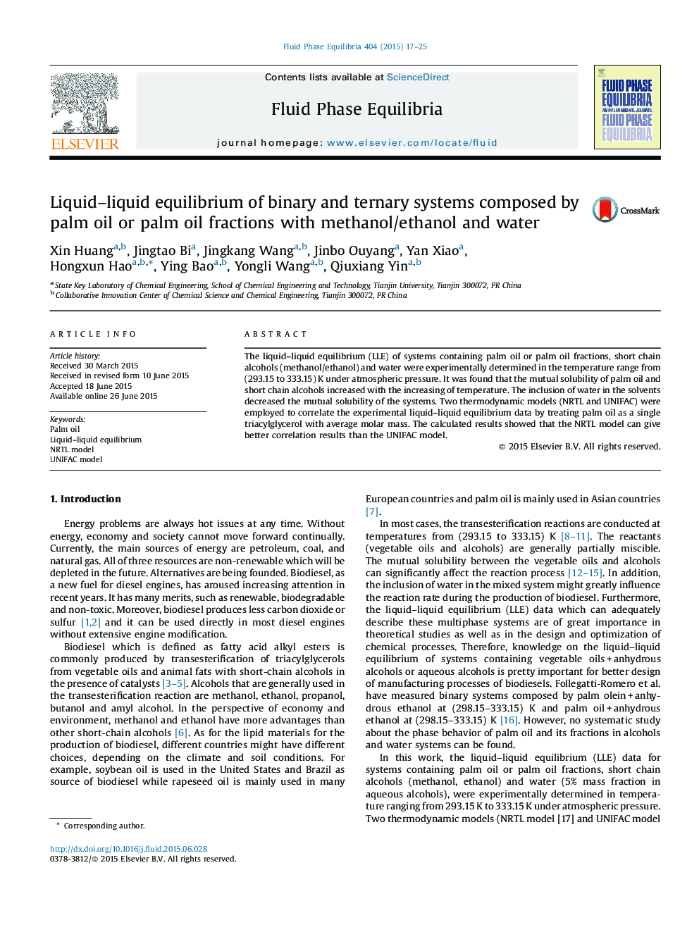 Liquid–liquid equilibrium of binary and ternary systems composed by palm oil or palm oil fractions with methanol/ethanol and water