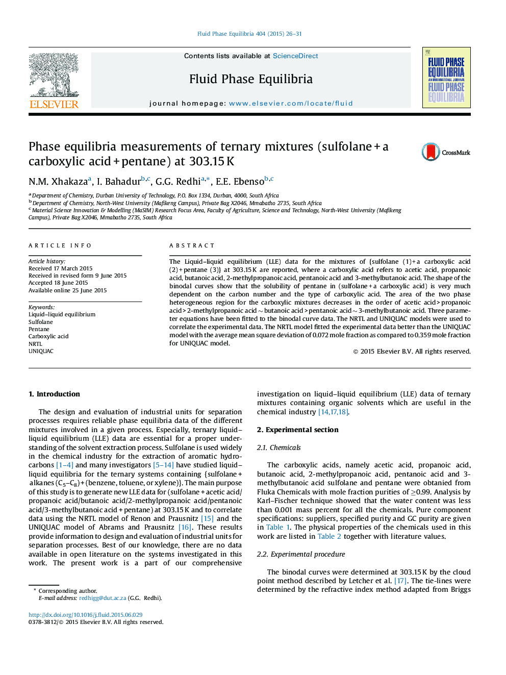 عکس صفحه اول مقاله: Phase equilibria measurements of ternary mixtures (sulfolane + a carboxylic acid + pentane) at 303.15 K Phase equilibria measurements of ternary mixtures (sulfolane + a carboxylic acid + pentane) at 303.15 K