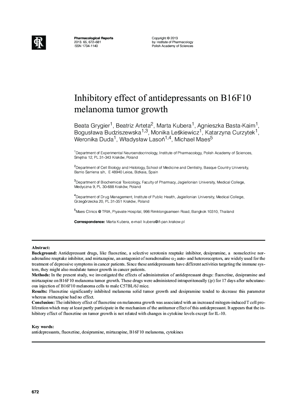 Inhibitory effect of antidepressants on B16F10 melanoma tumor growth