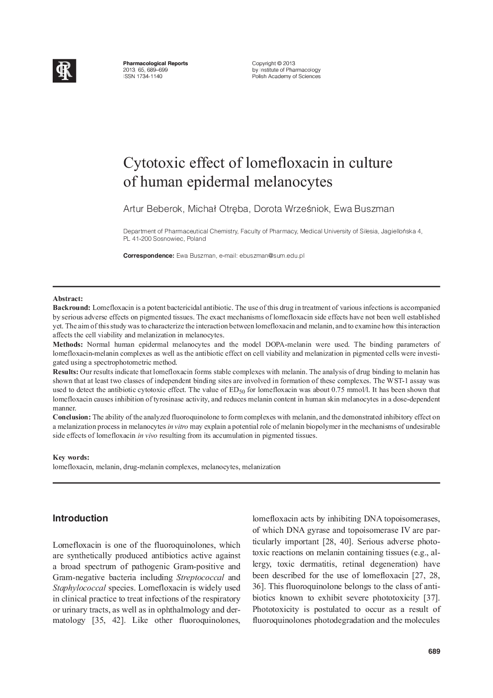 Cytotoxic effect of lomefloxacin in culture of human epidermal melanocytes