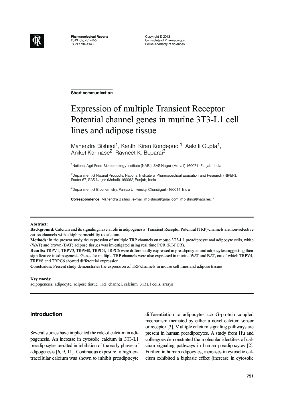 Expression of multiple Transient Receptor Potential channel genes in murine 3T3-L1 cell lines and adipose tissue