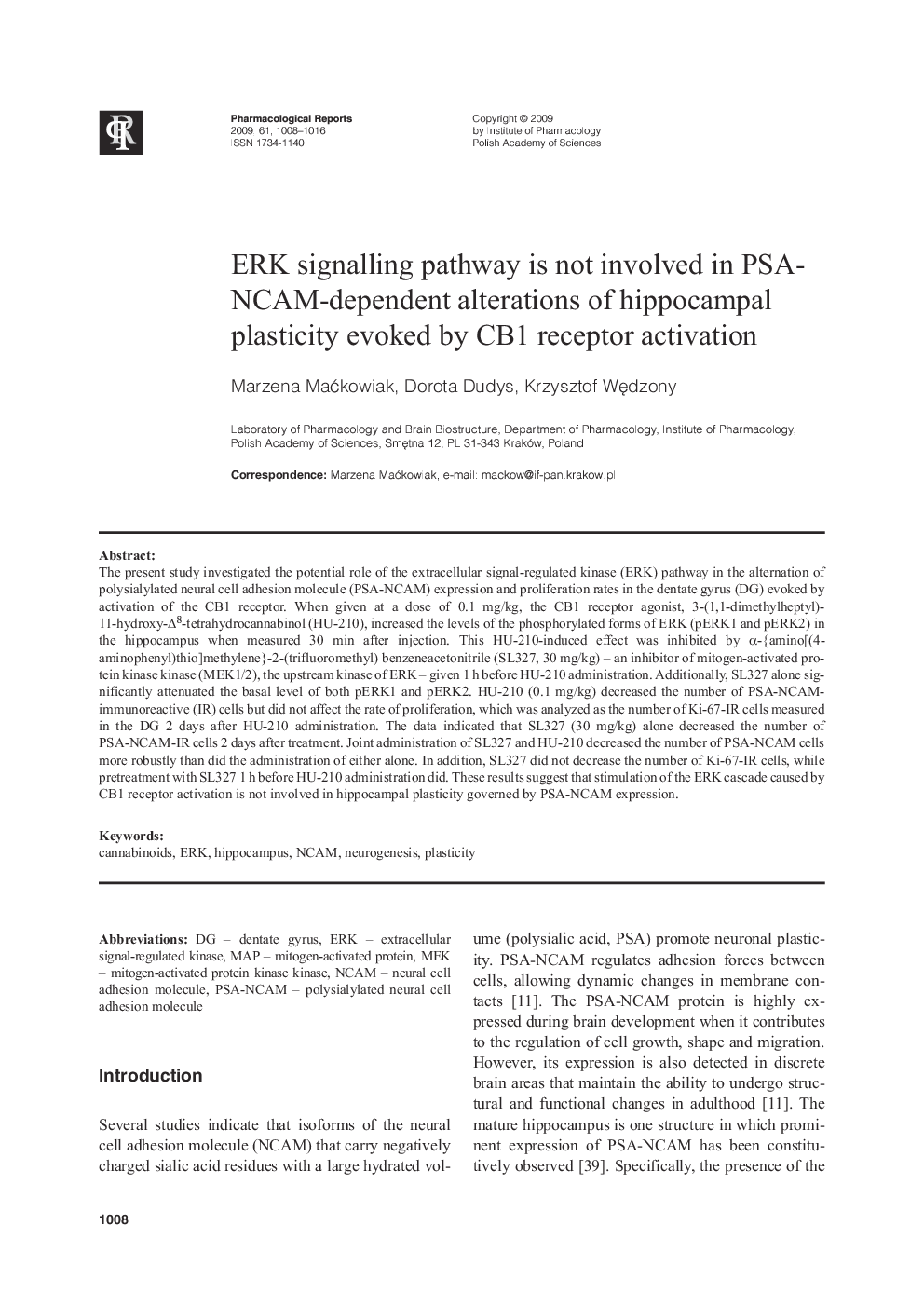 ERK signalling pathway is not involved in PSANCAM-dependent alterations of hippocampal plasticity evoked by CB1 receptor activation