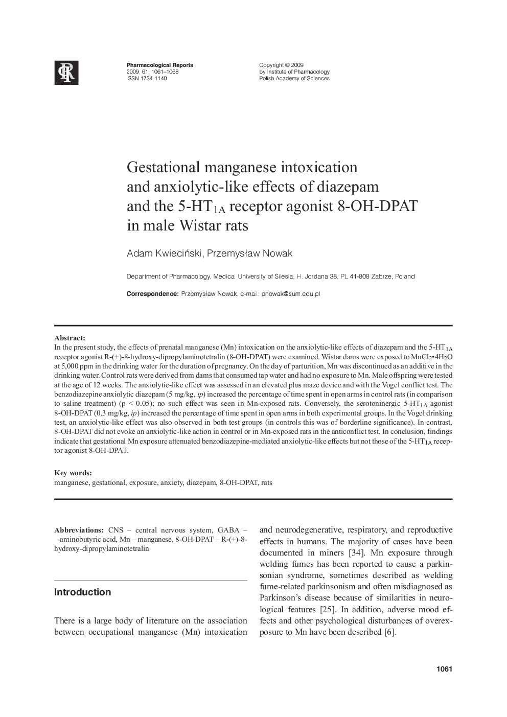 Gestational manganese intoxication and anxiolytic-like effects of diazepam and the 5-HT1A receptor agonist 8-OH-DPAT in male Wistar rats