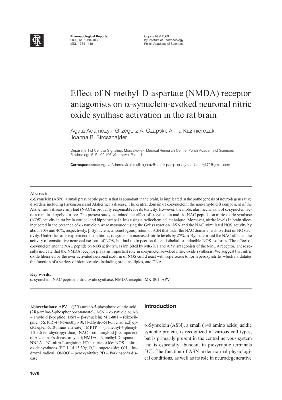 Effect of N-methyl-D-aspartate (NMDA) receptor antagonists on α-synuclein-evoked neuronal nitric oxide synthase activation in the rat brain