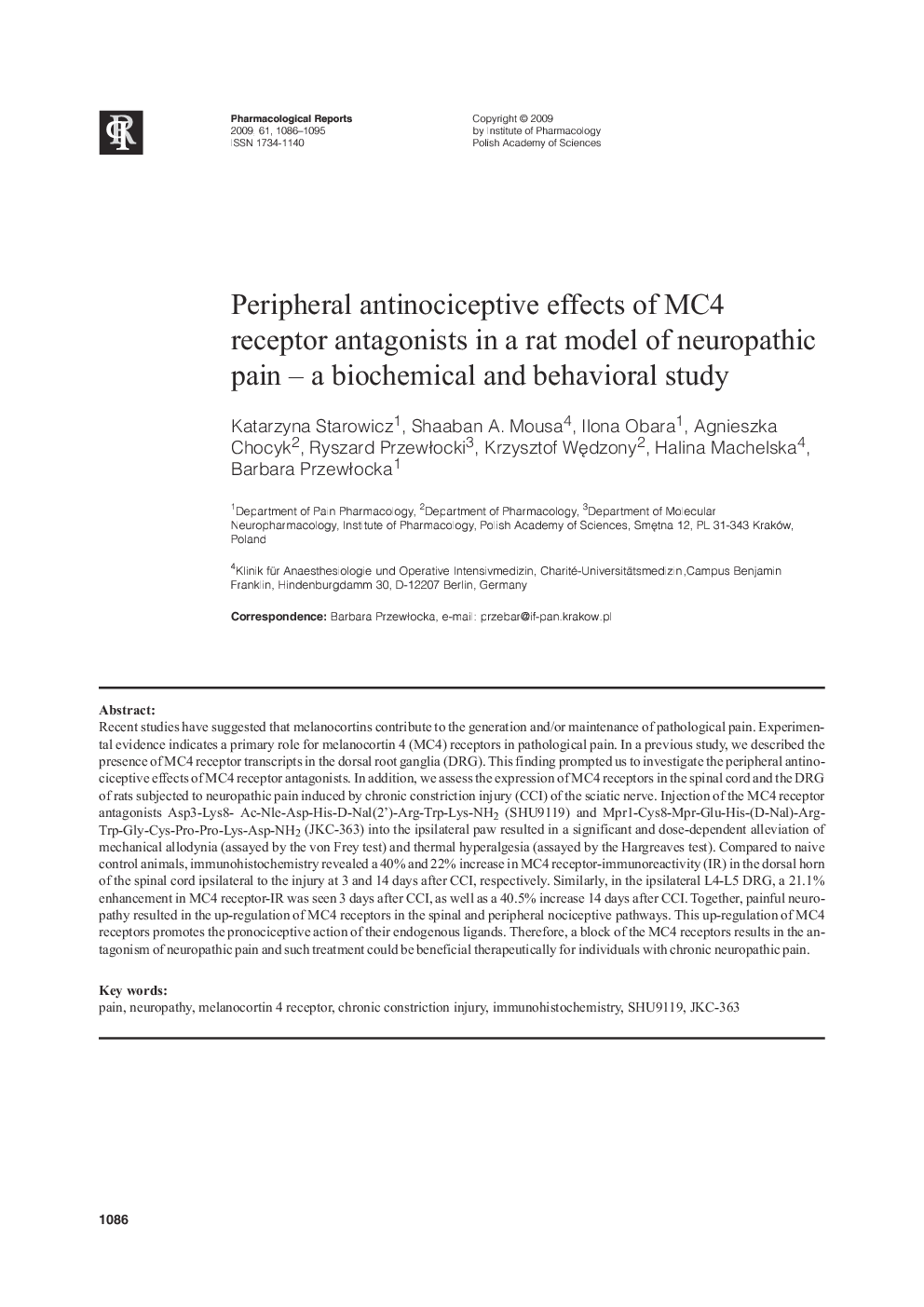 Peripheral antinociceptive effects of MC4 receptor antagonists in a rat model of neuropathic pain – a biochemical and behavioral study