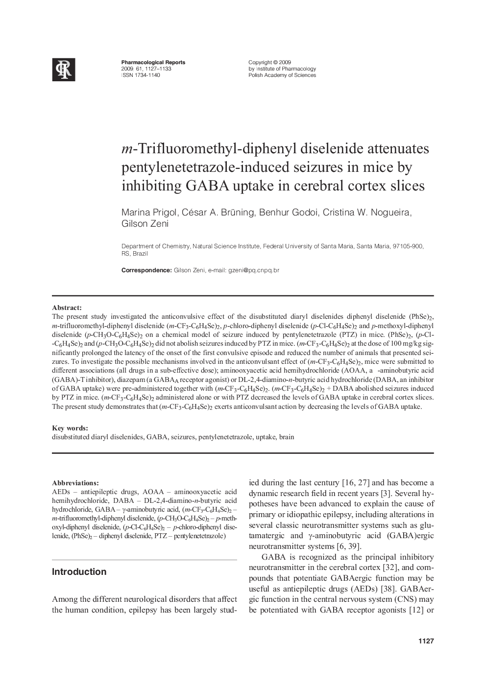 m-Trifluoromethyl-diphenyl diselenide attenuates pentylenetetrazole-induced seizures in mice by inhibiting GABA uptake in cerebral cortex slices