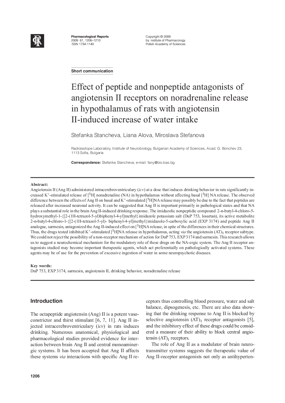 Effect of peptide and nonpeptide antagonists of angiotensin II receptors on noradrenaline release in hypothalamus of rats with angiotensin II-induced increase of water intake