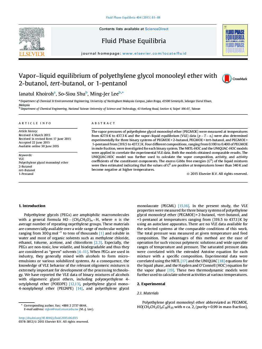 Vapor–liquid equilibrium of polyethylene glycol monooleyl ether with 2-butanol, tert-butanol, or 1-pentanol