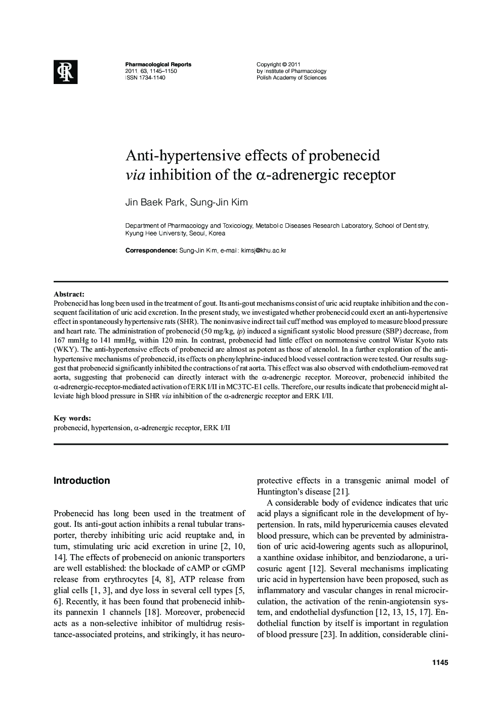 Anti-hypertensive effects of probenecid via inhibition of the α-adrenergic receptor