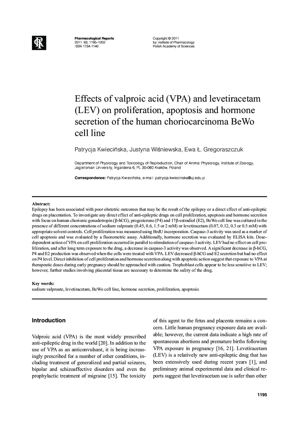Effects of valproic acid (VPA) and levetiracetam (LEV) on proliferation, apoptosis and hormone secretion of the human choriocarcinoma BeWo cell line