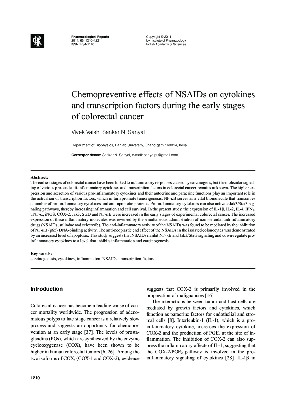 Chemopreventive effects of NSAIDs on cytokines and transcription factors during the early stages of colorectal cancer