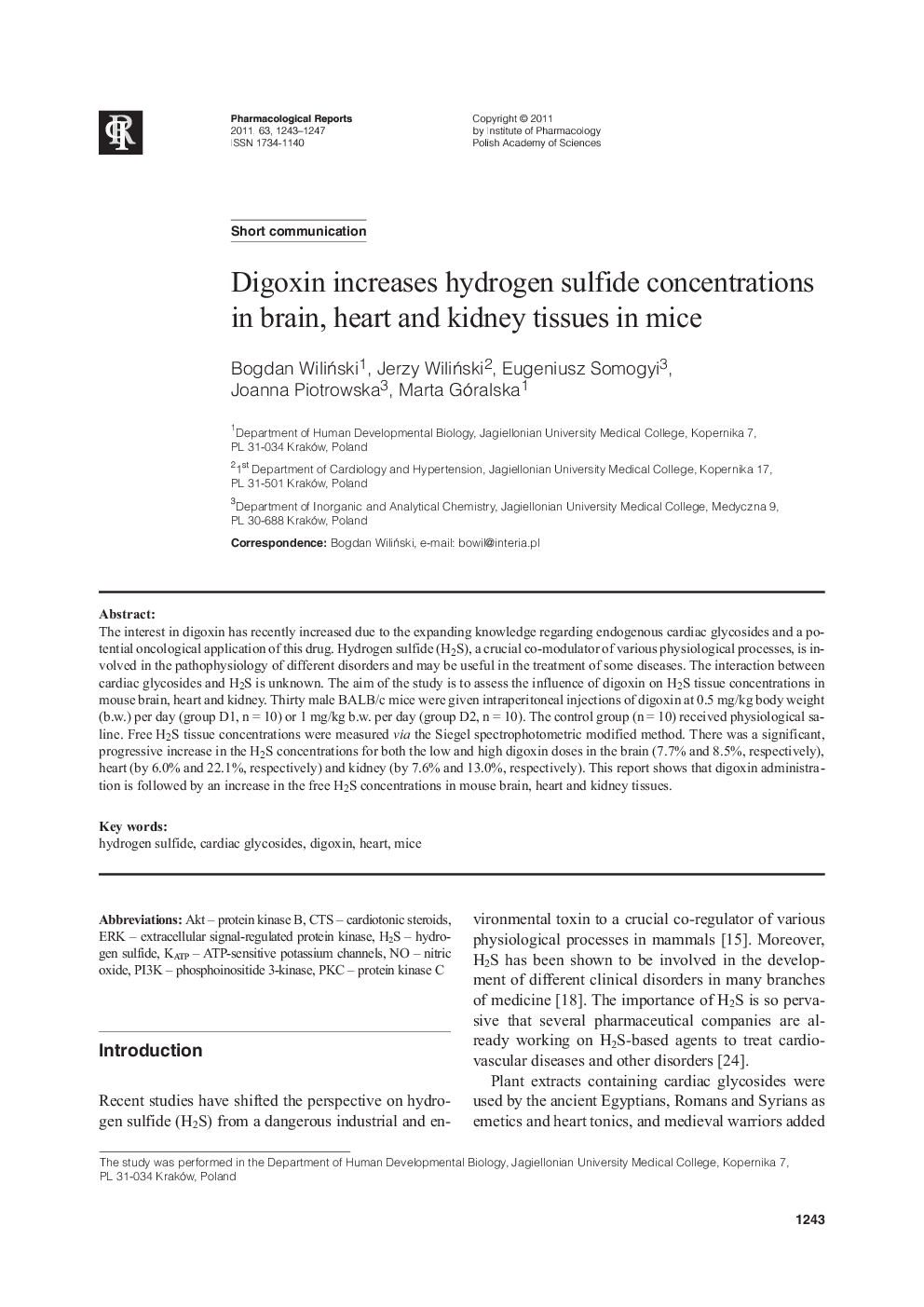 Digoxin increases hydrogen sulfide concentrations in brain, heart and kidney tissues in mice