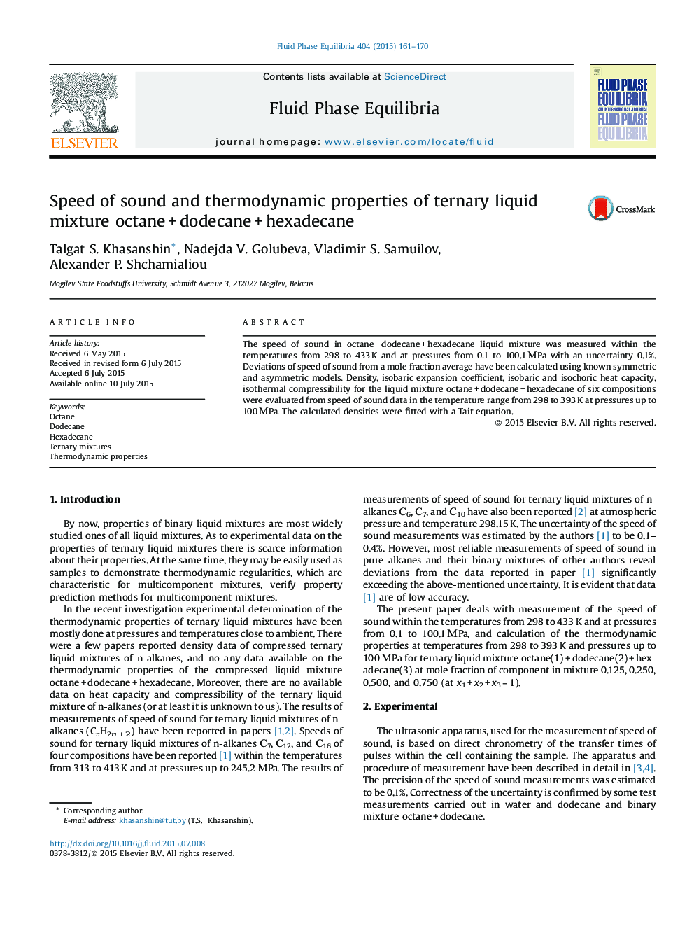 Speed of sound and thermodynamic properties of ternary liquid mixture octane + dodecane + hexadecane