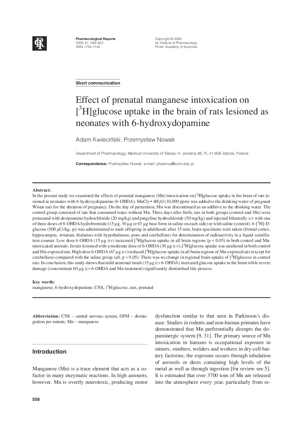 Effect of prenatal manganese intoxication on [3H]glucose uptake in the brain of rats lesioned as neonates with 6-hydroxydopamine