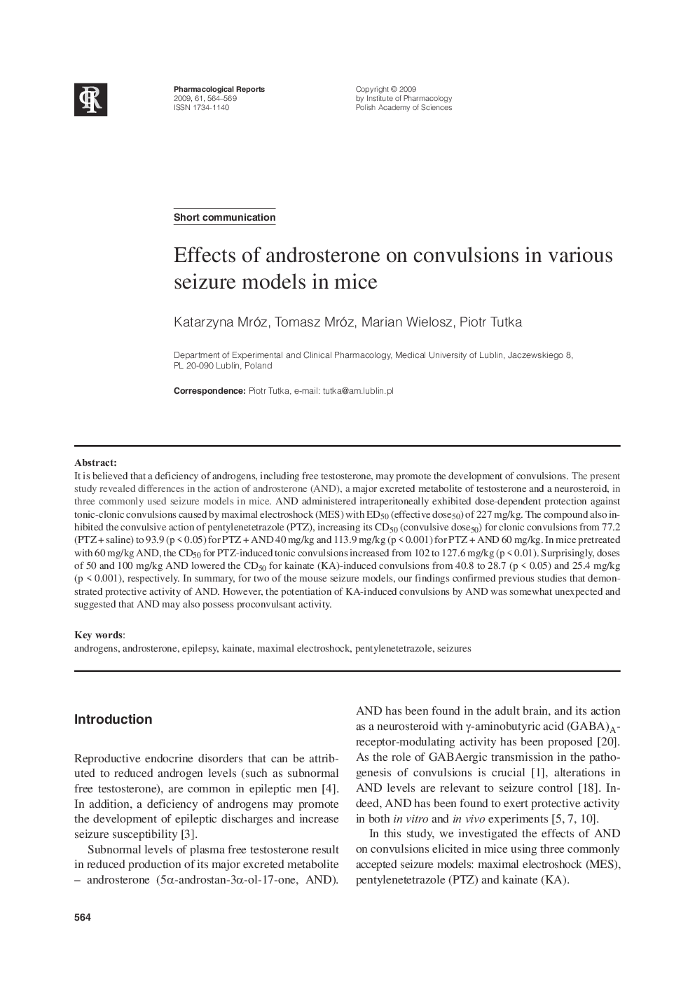 Effects of androsterone on convulsions in various seizure models in mice