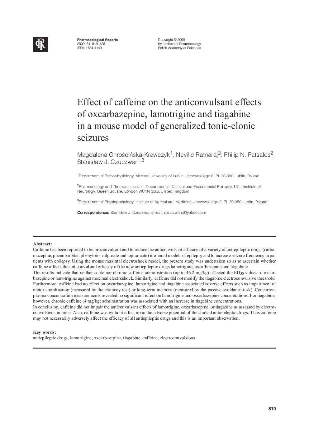 Effect of caffeine on the anticonvulsant effects of oxcarbazepine, lamotrigine and tiagabine in a mouse model of generalized tonic-clonic seizures