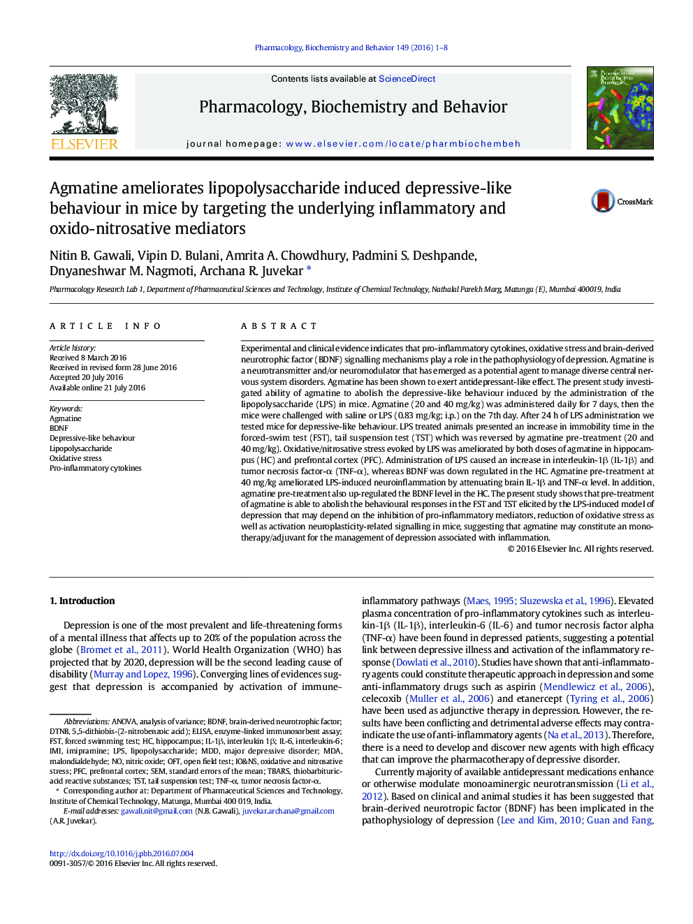 Agmatine ameliorates lipopolysaccharide induced depressive-like behaviour in mice by targeting the underlying inflammatory and oxido-nitrosative mediators