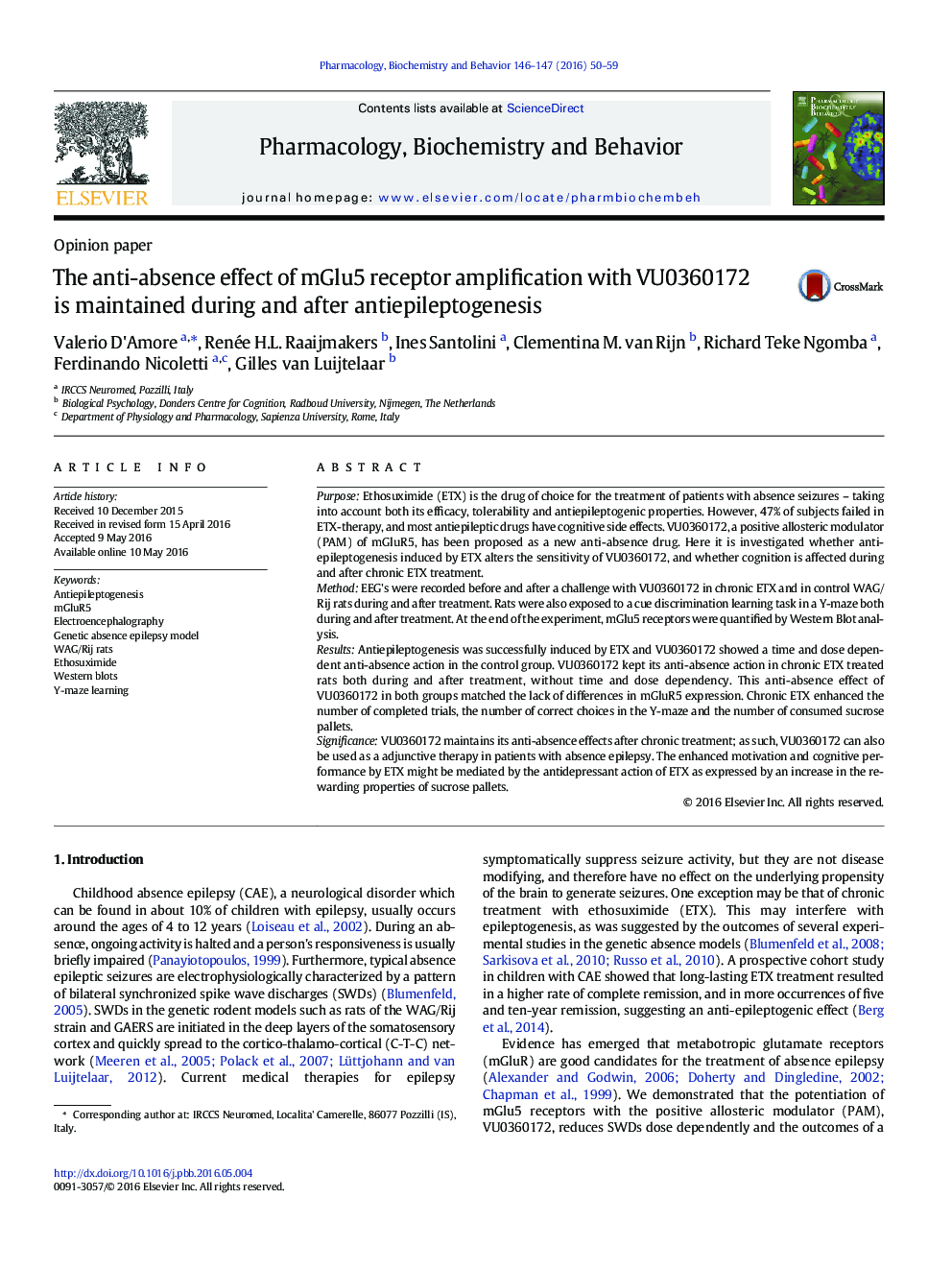 The anti-absence effect of mGlu5 receptor amplification with VU0360172 is maintained during and after antiepileptogenesis