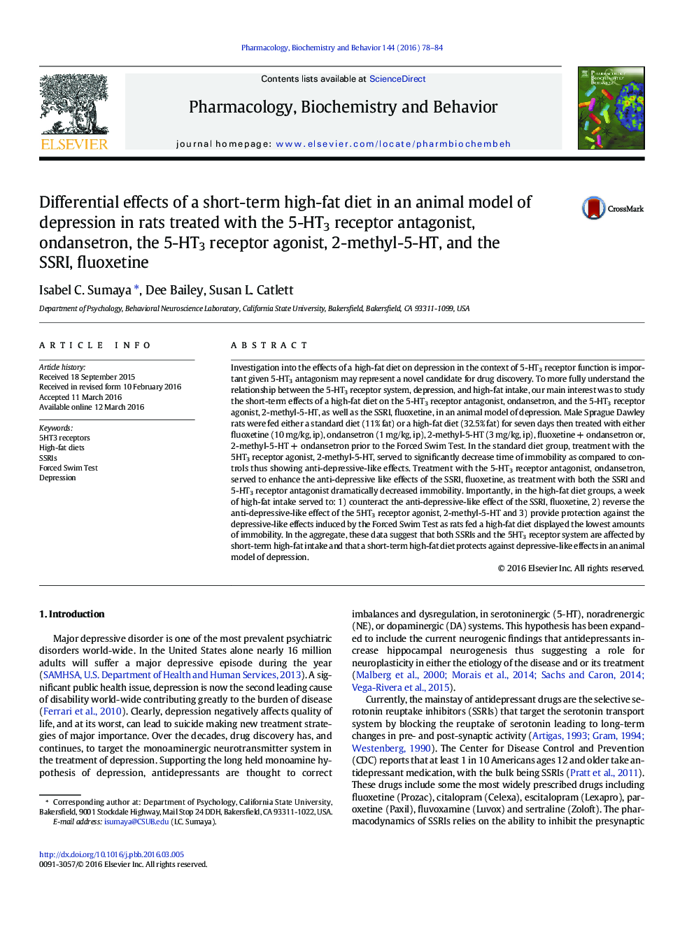 Differential effects of a short-term high-fat diet in an animal model of depression in rats treated with the 5-HT3 receptor antagonist, ondansetron, the 5-HT3 receptor agonist, 2-methyl-5-HT, and the SSRI, fluoxetine