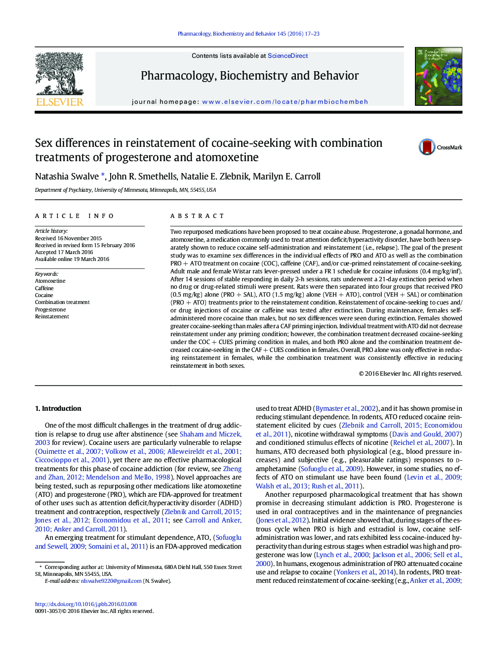 Sex differences in reinstatement of cocaine-seeking with combination treatments of progesterone and atomoxetine