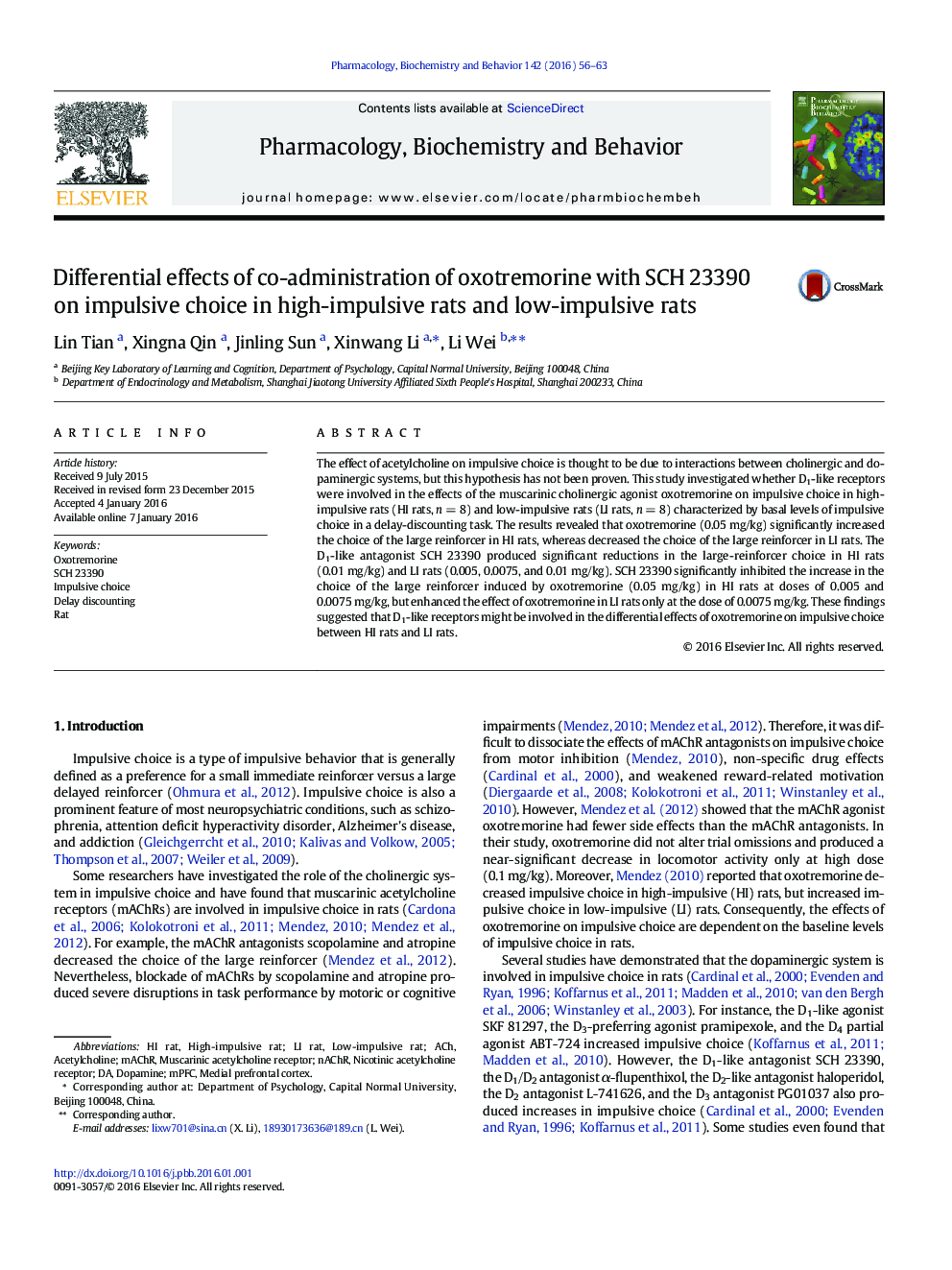 Differential effects of co-administration of oxotremorine with SCH 23390 on impulsive choice in high-impulsive rats and low-impulsive rats