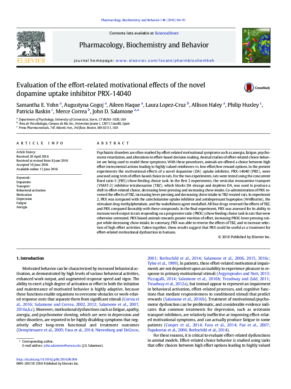 Evaluation of the effort-related motivational effects of the novel dopamine uptake inhibitor PRX-14040