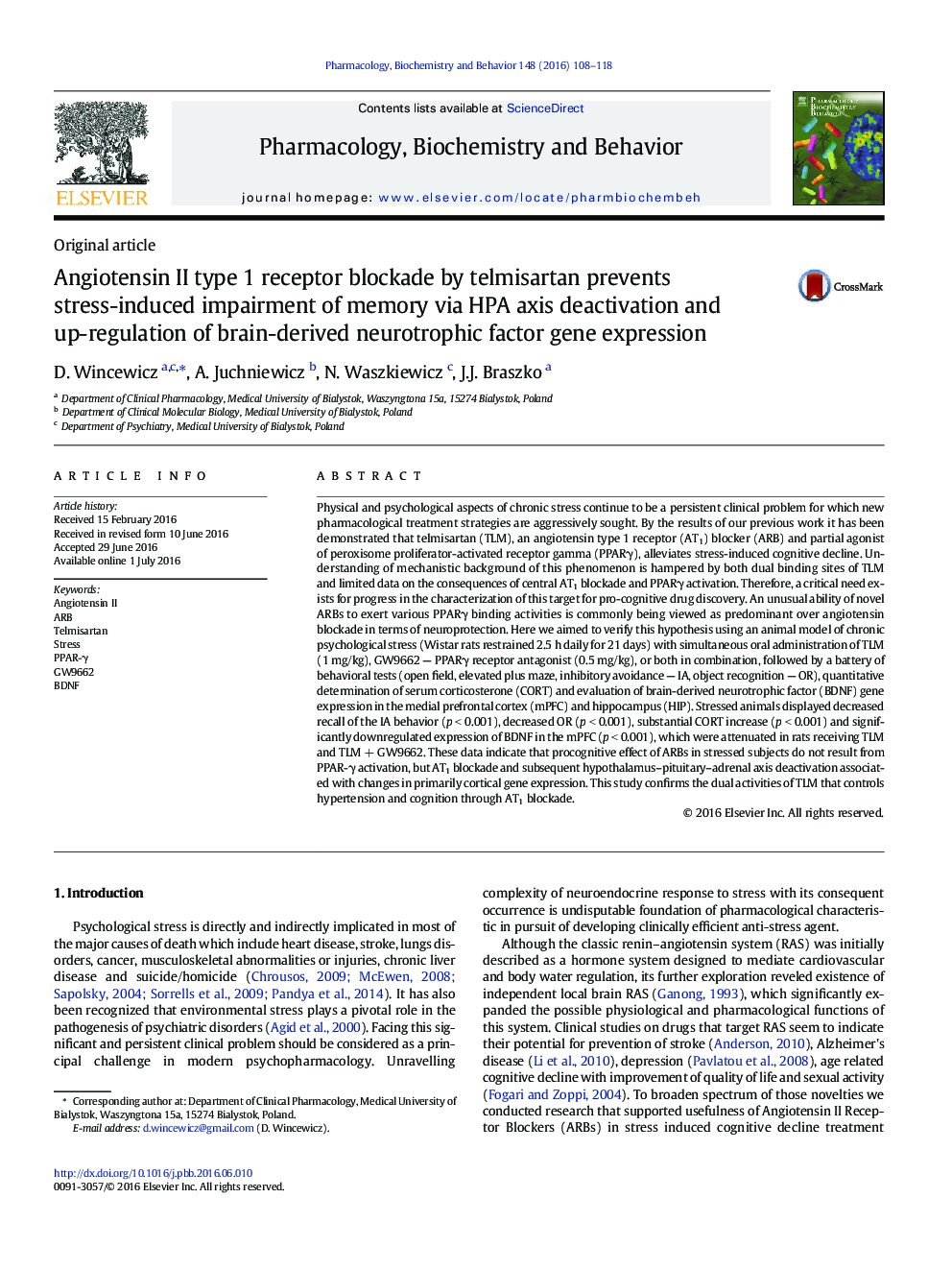 Angiotensin II type 1 receptor blockade by telmisartan prevents stress-induced impairment of memory via HPA axis deactivation and up-regulation of brain-derived neurotrophic factor gene expression