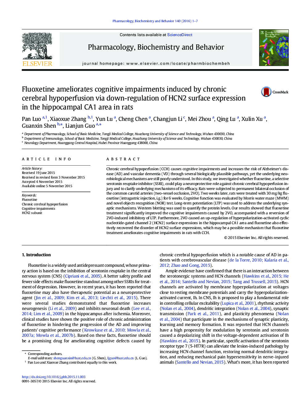 Fluoxetine ameliorates cognitive impairments induced by chronic cerebral hypoperfusion via down-regulation of HCN2 surface expression in the hippocampal CA1 area in rats