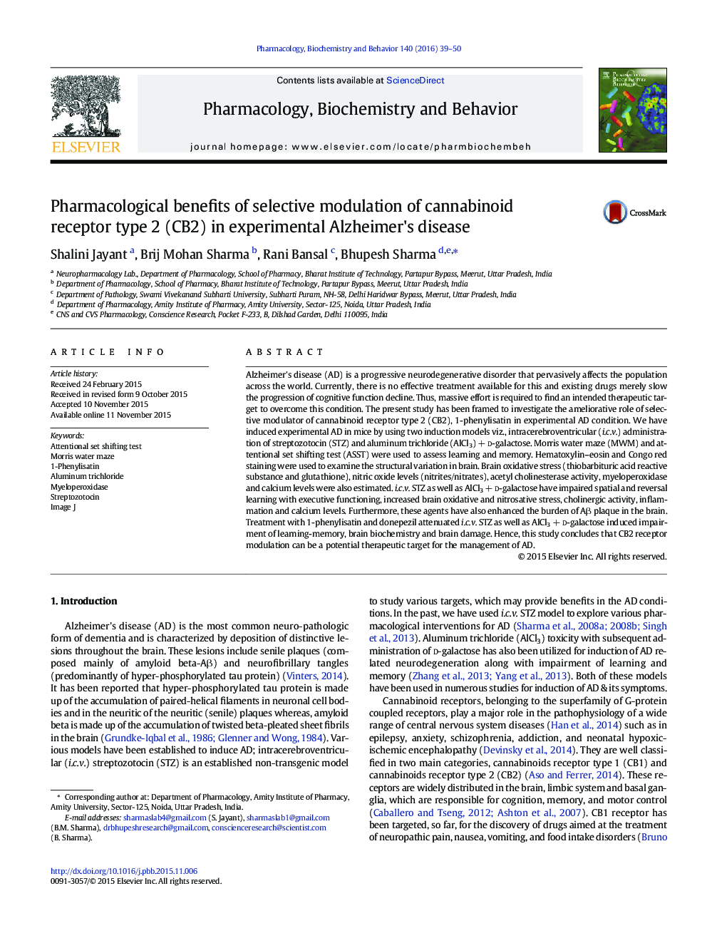 Pharmacological benefits of selective modulation of cannabinoid receptor type 2 (CB2) in experimental Alzheimer's disease