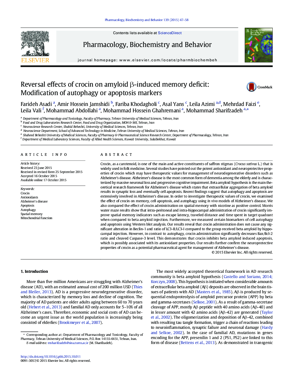 Reversal effects of crocin on amyloid Î²-induced memory deficit: Modification of autophagy or apoptosis markers