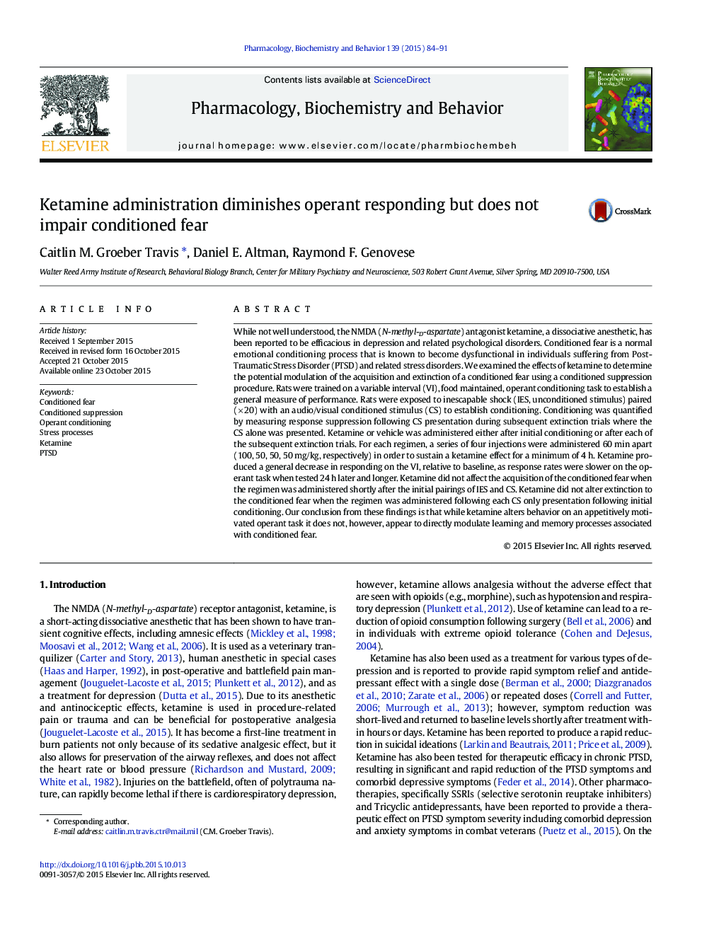 Ketamine administration diminishes operant responding but does not impair conditioned fear