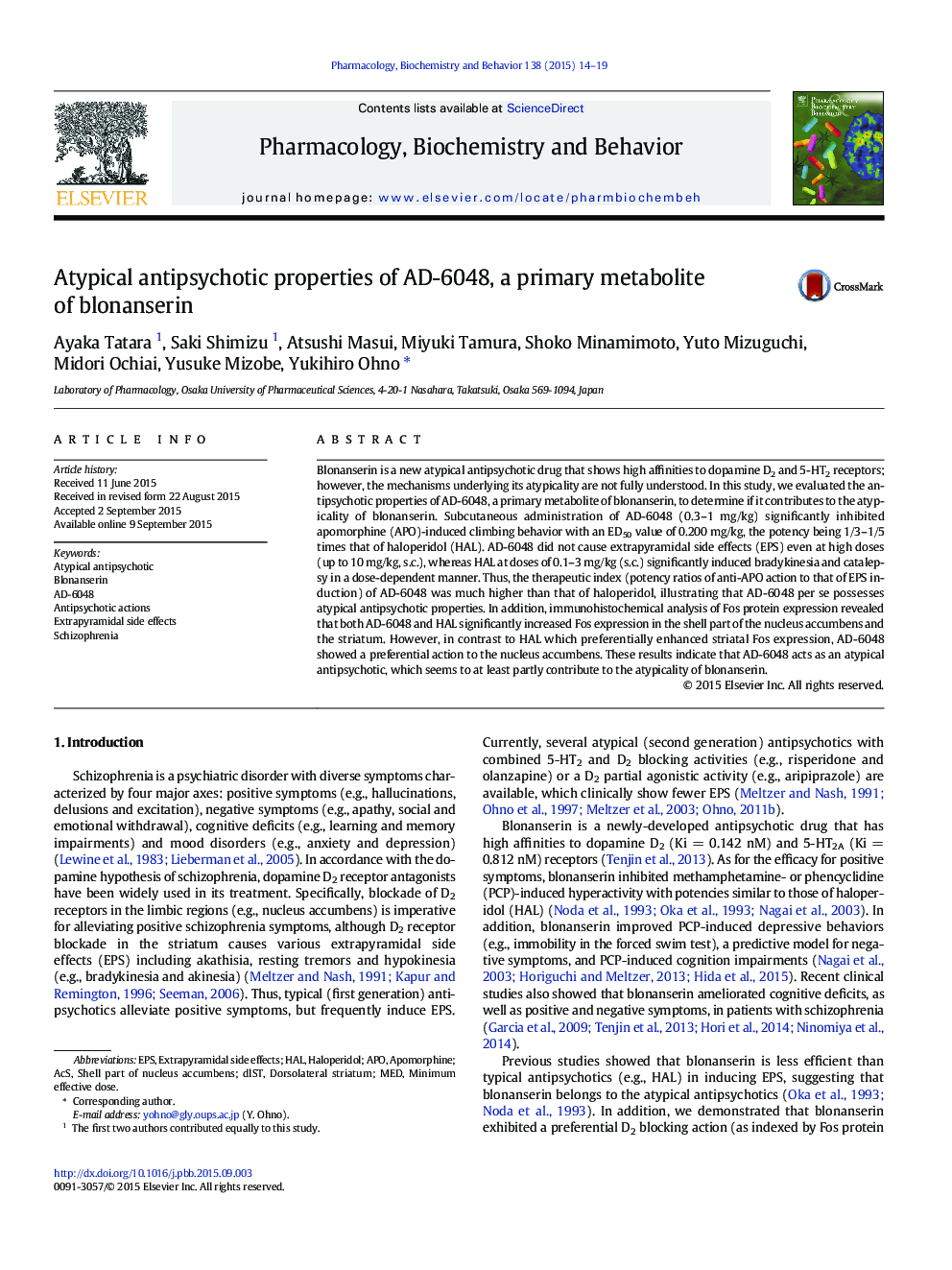 Atypical antipsychotic properties of AD-6048, a primary metabolite of blonanserin