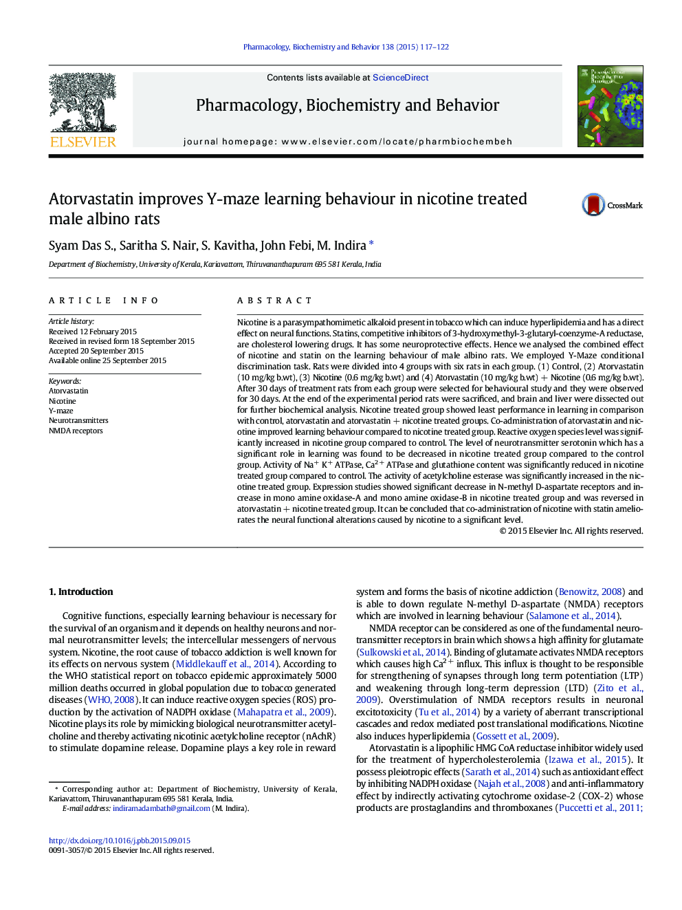 Atorvastatin improves Y-maze learning behaviour in nicotine treated male albino rats