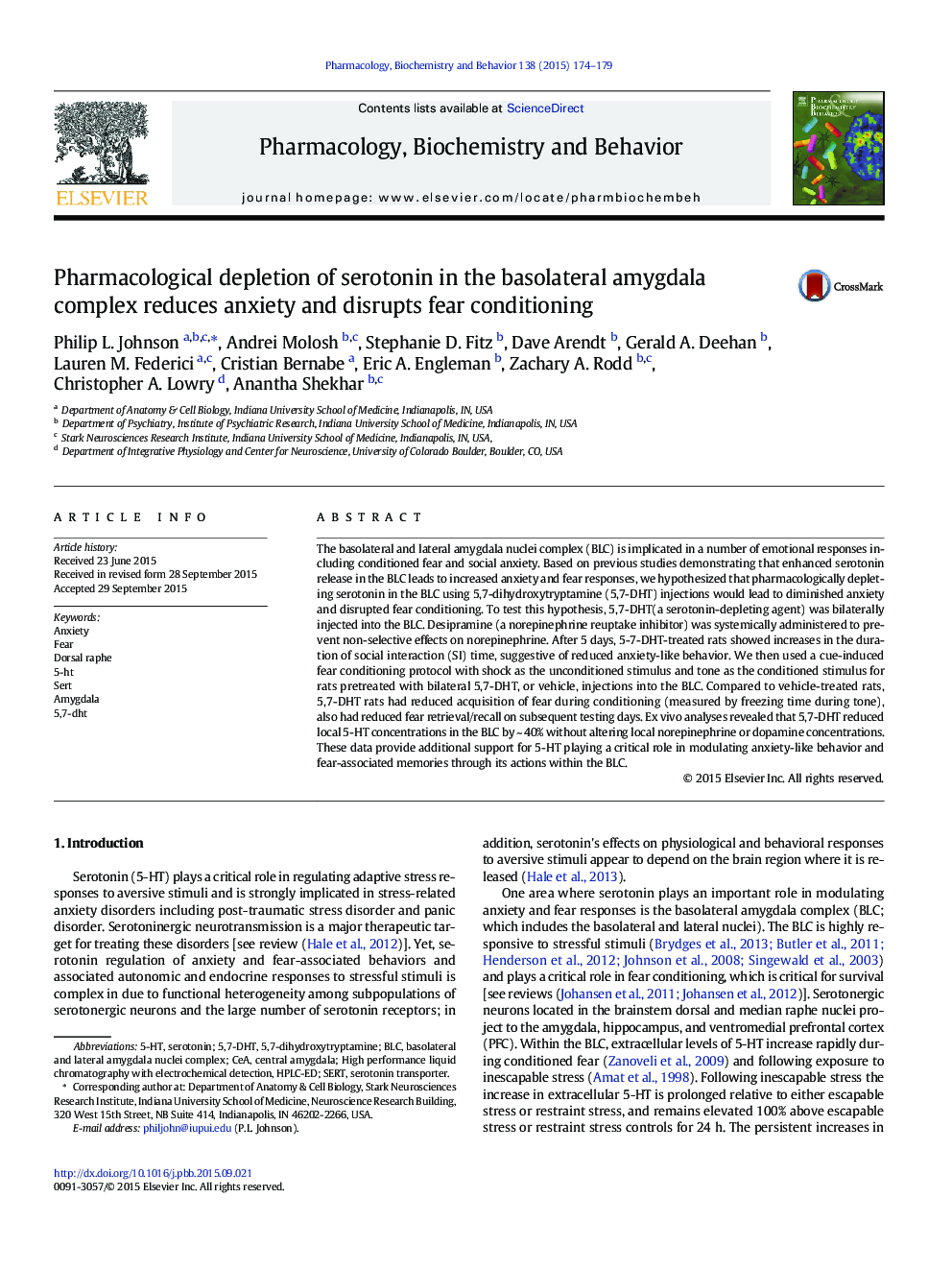 Pharmacological depletion of serotonin in the basolateral amygdala complex reduces anxiety and disrupts fear conditioning