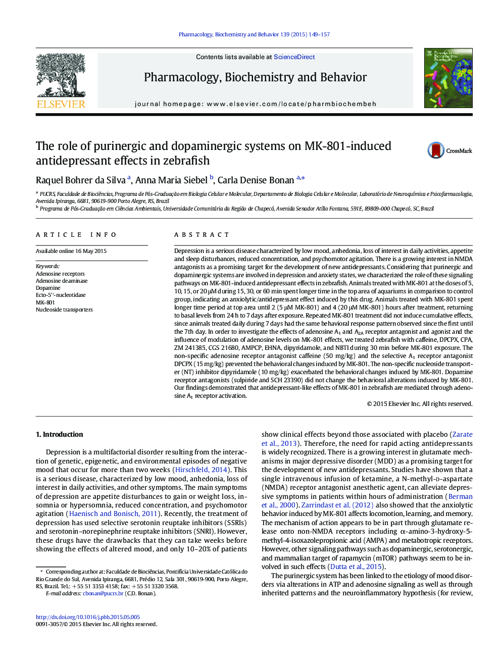 The role of purinergic and dopaminergic systems on MK-801-induced antidepressant effects in zebrafish