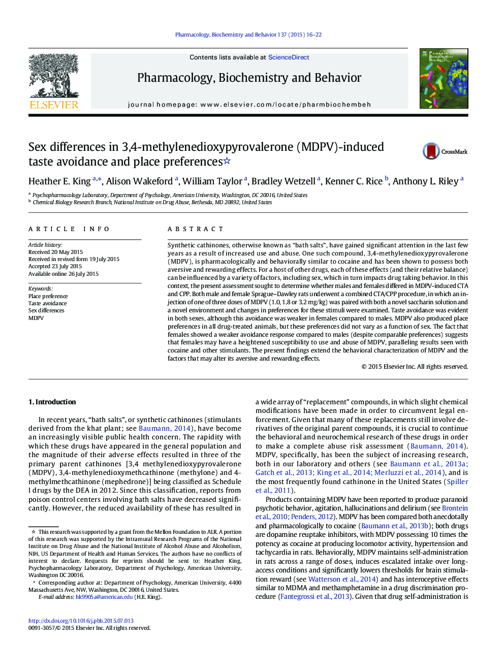 Sex differences in 3,4-methylenedioxypyrovalerone (MDPV)-induced taste avoidance and place preferences 